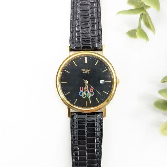Pulsar Olympic Vintage USA Gold Black Reptile Leather Embossed Band Watch - Picture 1 of 4